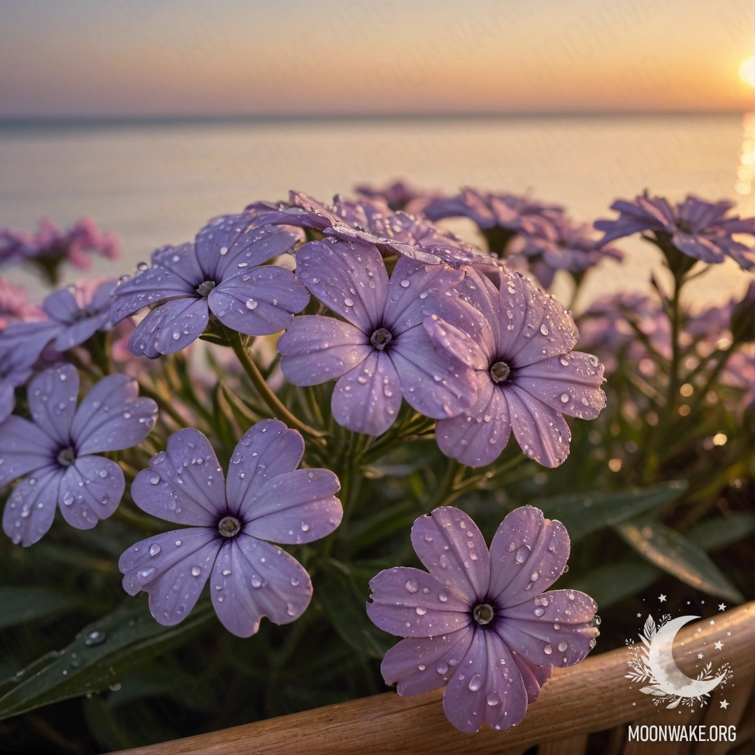 A wicker basket filled with phlox flowers adorned with dew drops under a sunset sky.