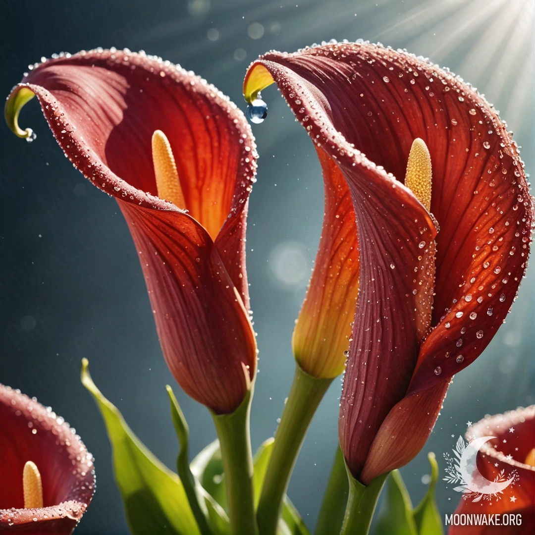 A close-up of vibrant red calla lilies adorned with dewdrops, glistening in sunlight with scattered rhinestones.