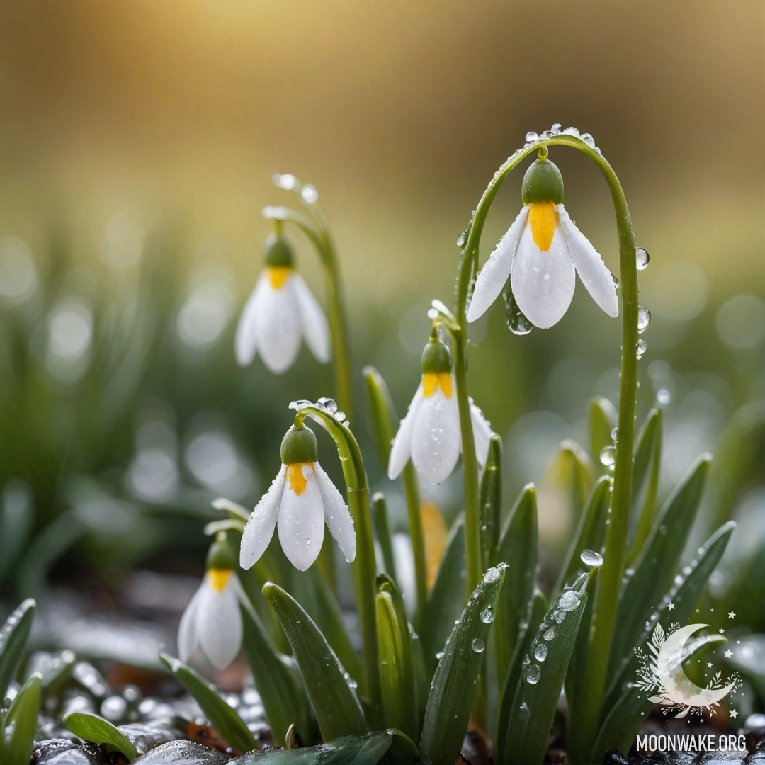 A delicate snowdrop flower adorned with dew drops, set against a bright yellow background.