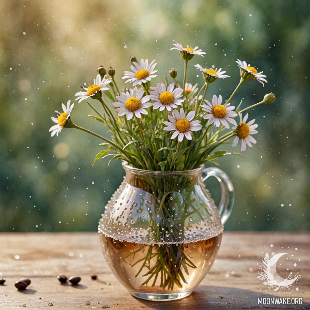A vase filled with peaceful wildflowers adorned with dew drops.