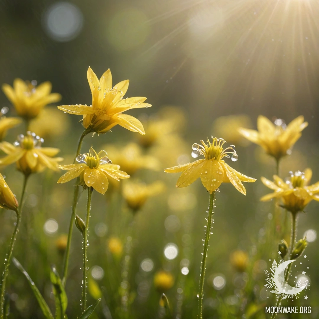 Dewy Yellow Wildflowers in Sunlight A close-up view of yellow wildflowers adorned with dew drops, illuminated by soft sunlight.