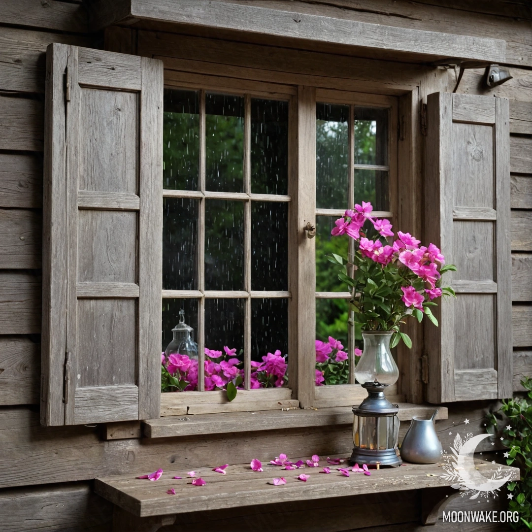 Rainy Window with Blooms A shabby wooden window with pink flowers and a kerosene lamp above, set against the backdrop of rain.