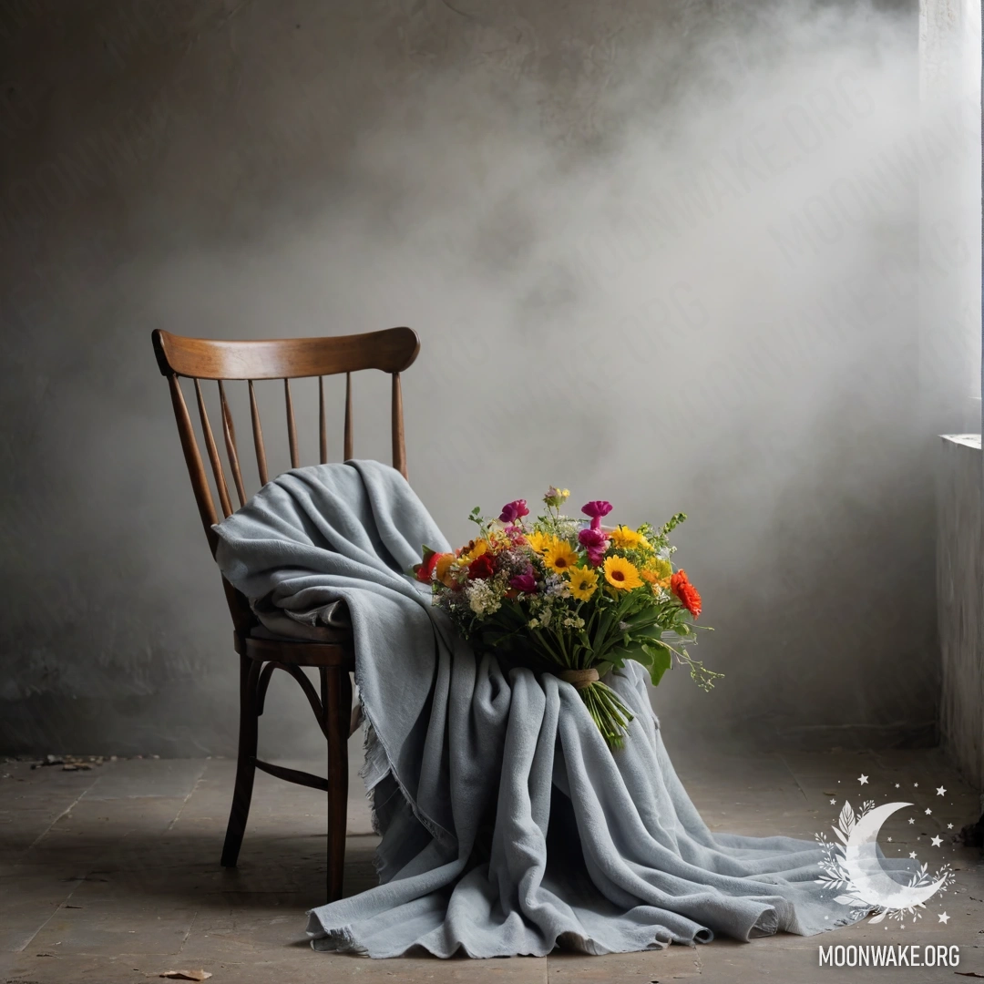 A chair against a shabby wall, draped with a blanket and adorned with a bouquet of flowers in heavy fog.