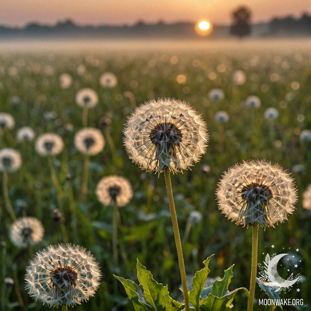 Close-up of dandelions in a foggy field against a blurred background during sunset.