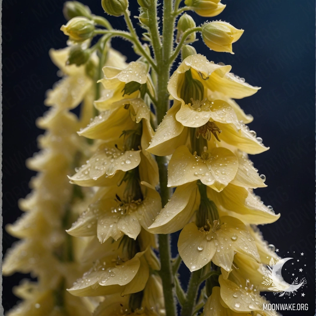 A delicate delphinium with dew drops, shimmering at night among sequins.