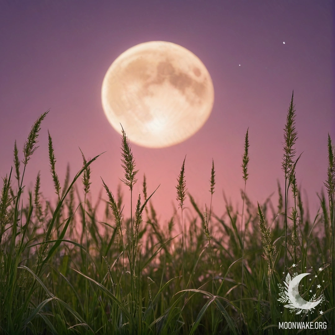 Close-up of grassy field with a pink violet sky and moon