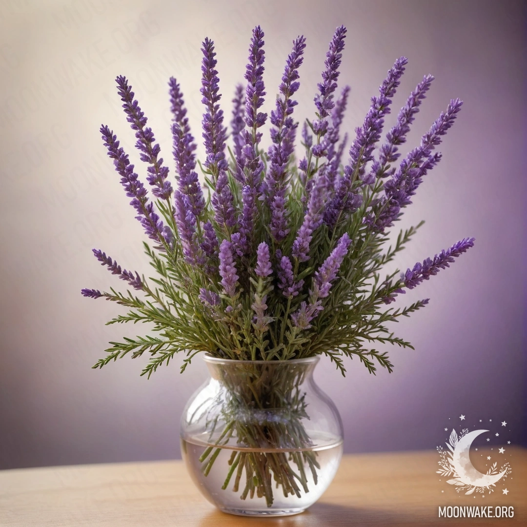 A vase filled with beautiful heather in lavender color surrounded by fog.