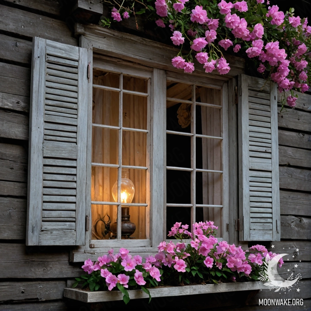 Dreamy Nighttime Window A shabby wooden window with pink flowers and a kerosene lamp