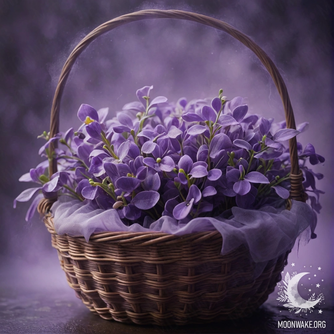 A delicate violet flower nestled in a pastel olive basket, surrounded by a soft fog at night.