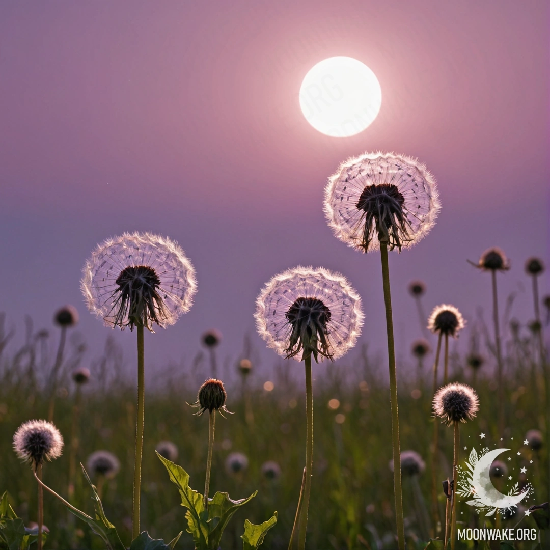 A close-up of dandelions against a pink violet sky with the moon and sun.