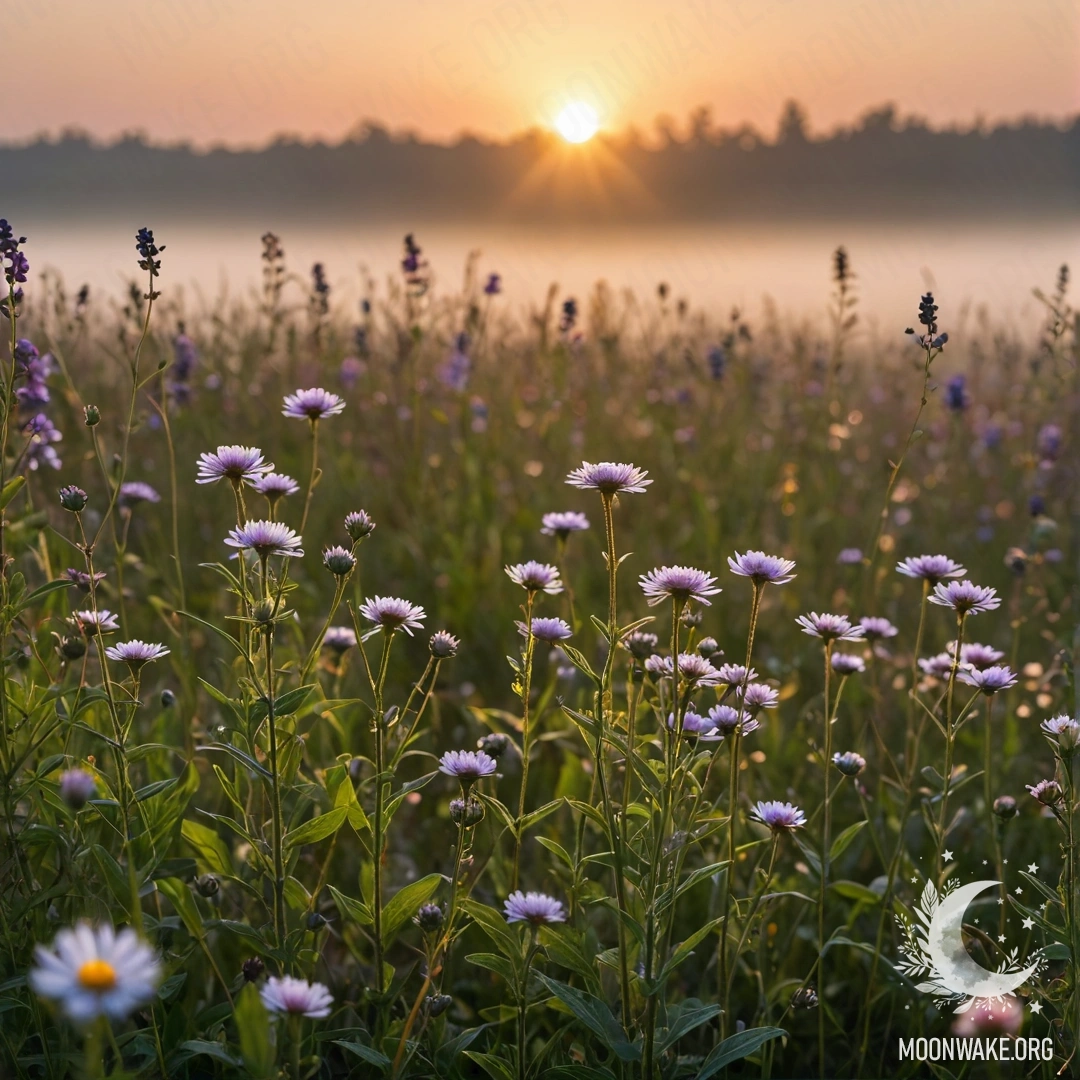 Close-up of beautiful field flowers with a bokeh background and fog during sunset, featuring lens flares.