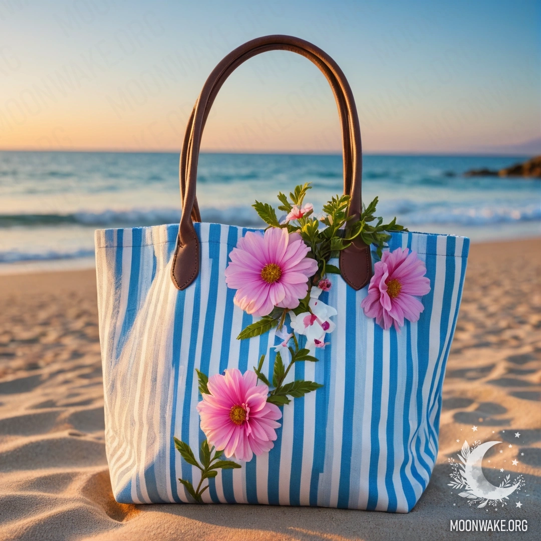 A white and blue striped fabric bag filled with pink flowers on a sandy beach, with a blue sea and sky at sunset.