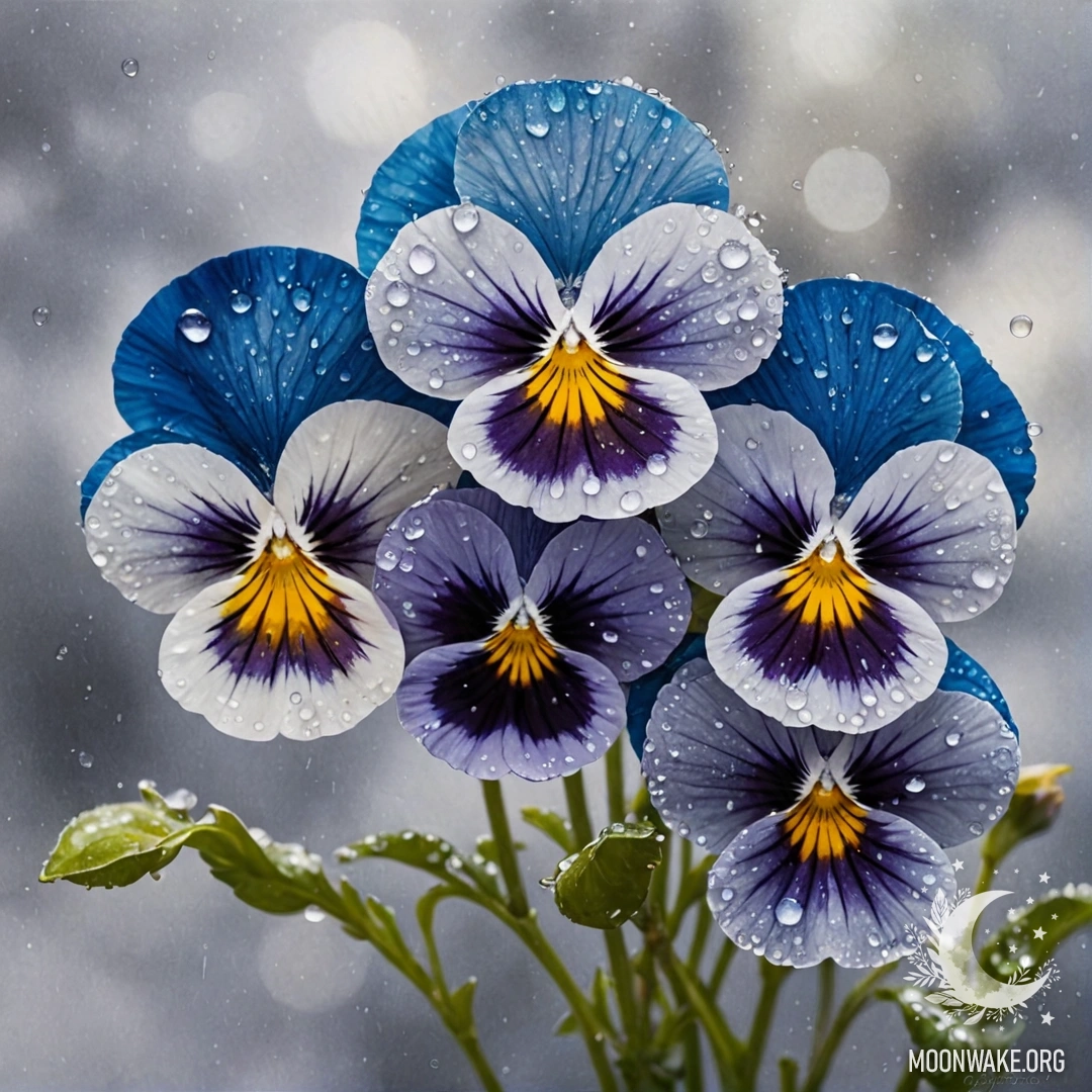 A minimalist ink wash painting of blue pansies adorned with dew drops and rhinestones.