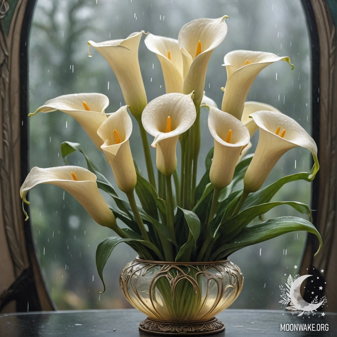 A vase with cream yellow calla lilies surrounded by mist and rain.