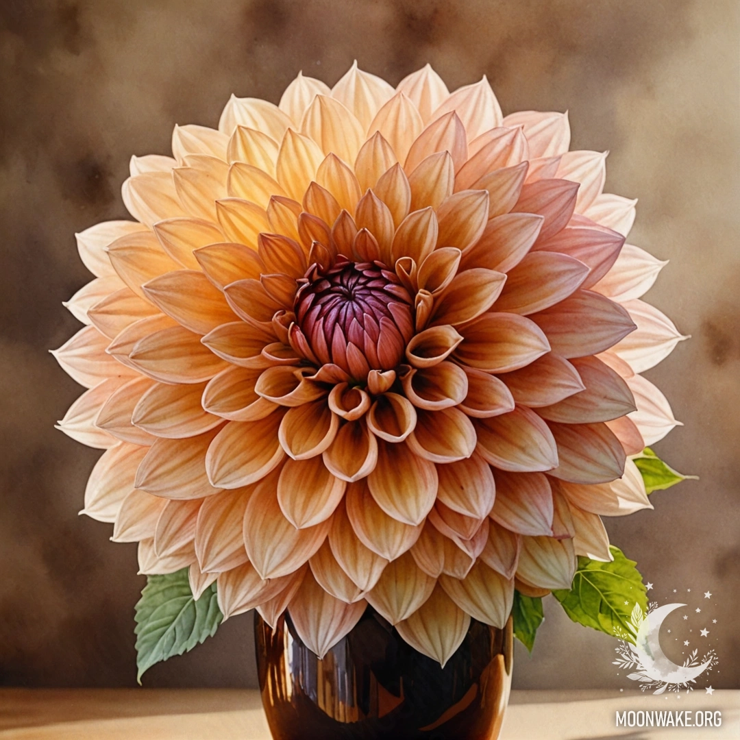 A beautiful dahlia flower in a coffee-colored vase, painted in watercolor.