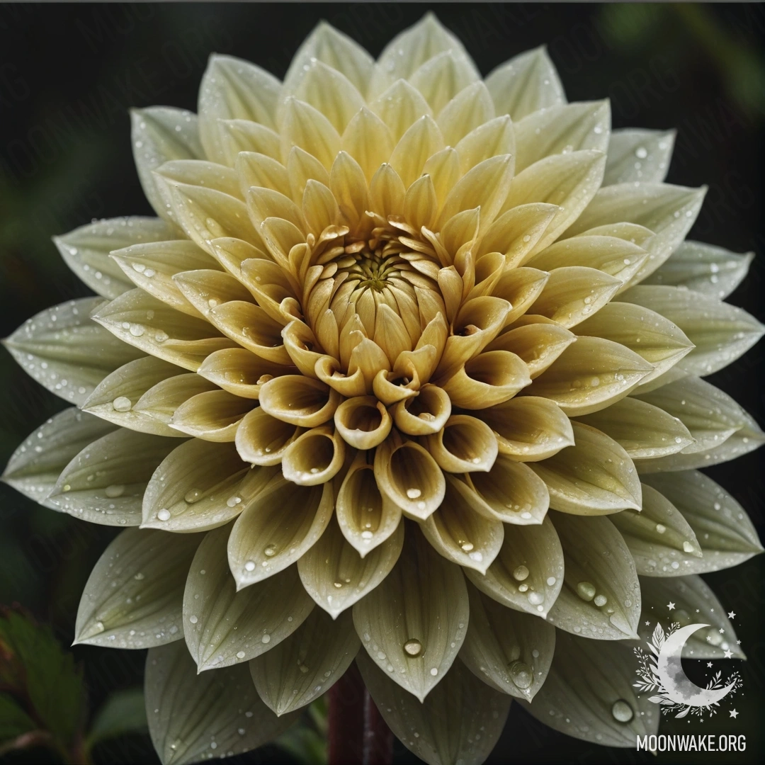 A beautiful dahlia adorned with dew drops against an olive background.