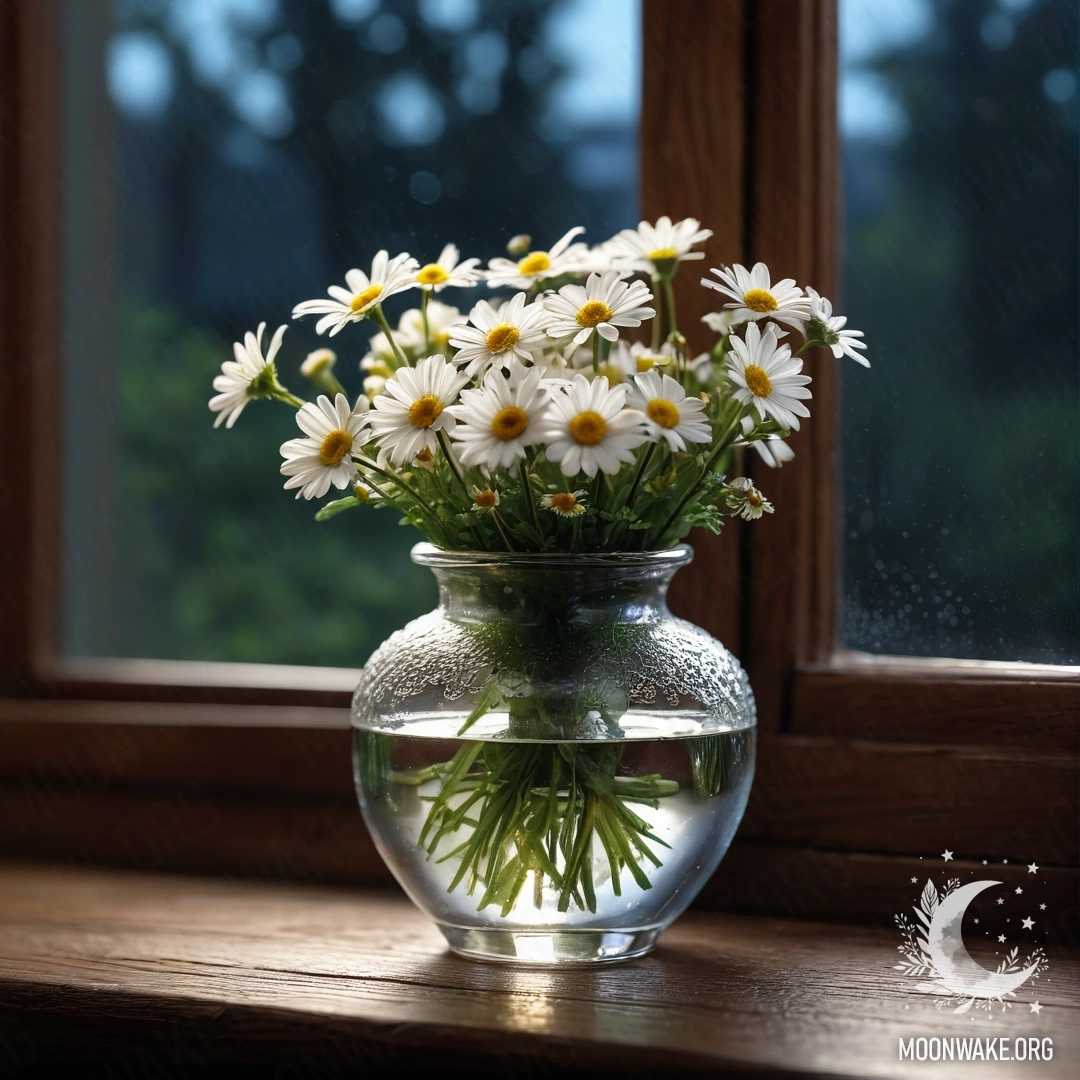 A glass vase with daisies placed on a wooden vintage windowsill at night.