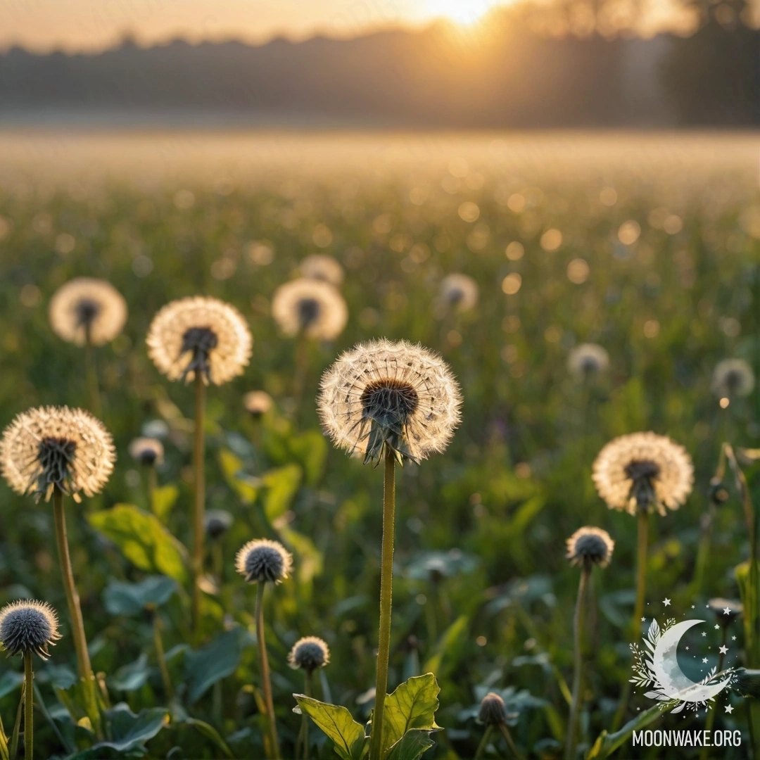 Elegant Dandelion Field at Sunset Close-up view of dandelions in a field with a bokeh effect, fog, and sunset light rays.