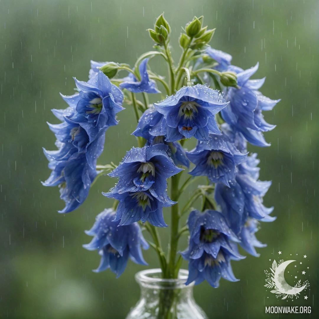 Elegant Delphinium in Misty Rain A delicate greenish-blue delphinium in a vase, surrounded by mist and rain.
