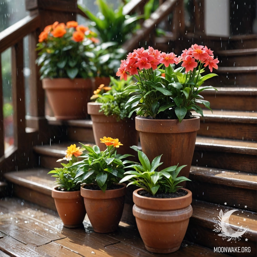 Wooden staircase with flowerpots beneath falling rain.