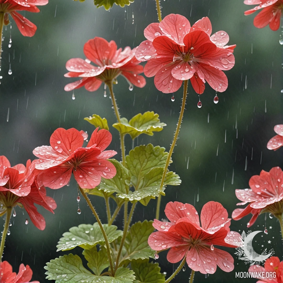 Elegant Geranium in Golden Rain A serene golden geranium with raindrops, resembling a watercolor painting.