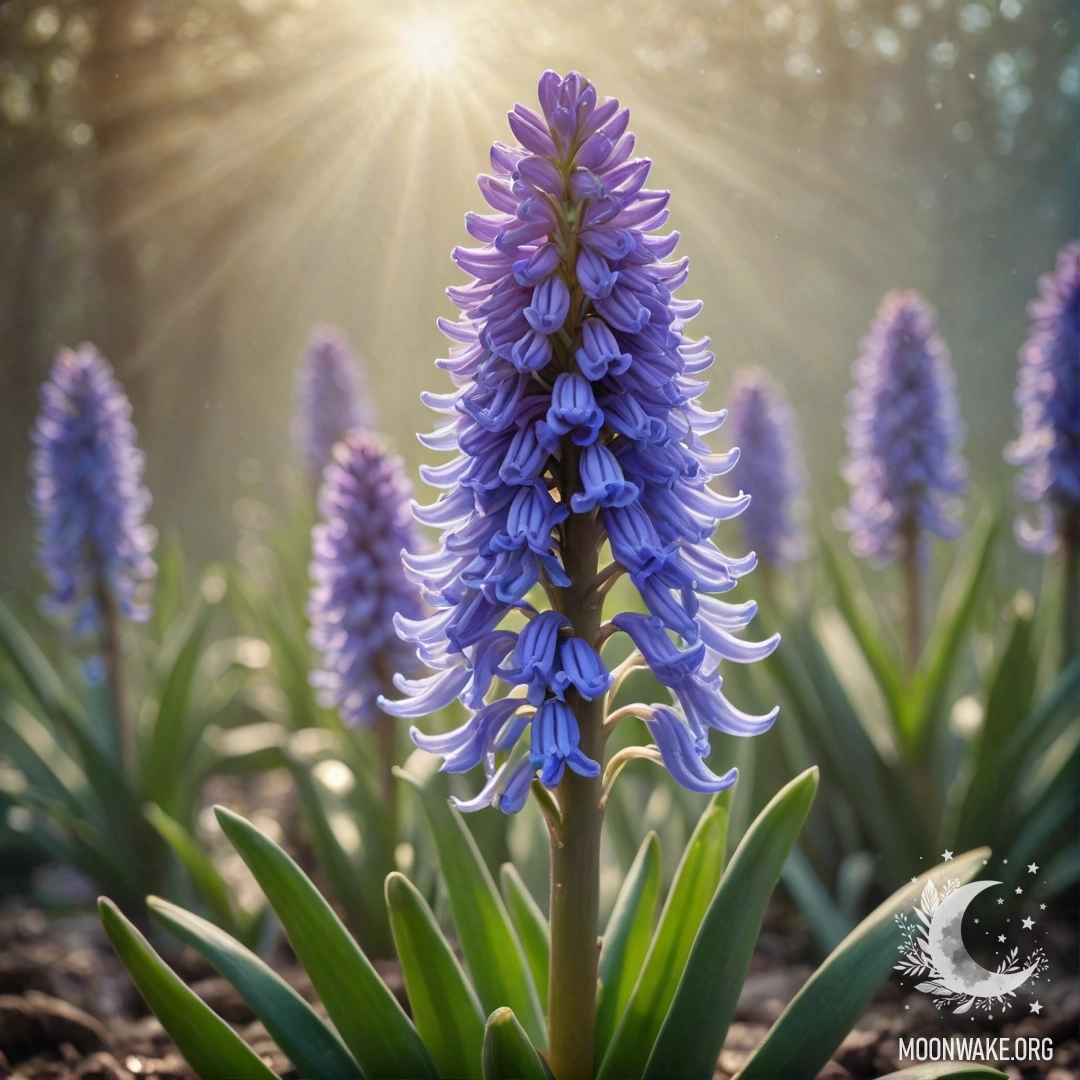 A solitary hyacinth emerging gracefully from the mist, illuminated by soft sunny rays with shimmering sequins in the background, in a soothing olive color.