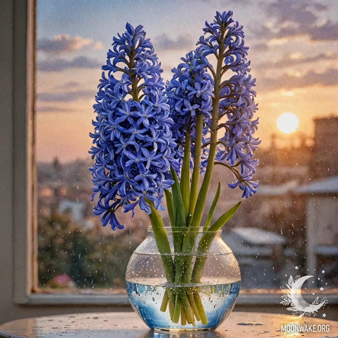 Elegant Hyacinth in the Rain A sky blue hyacinth in a vase, raindrops glimmering at sunset.