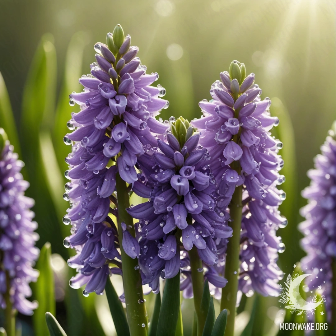 A delicate olive-colored hyacinth adorned with dew drops and sparkling rhinestones, illuminated by sunny rays.