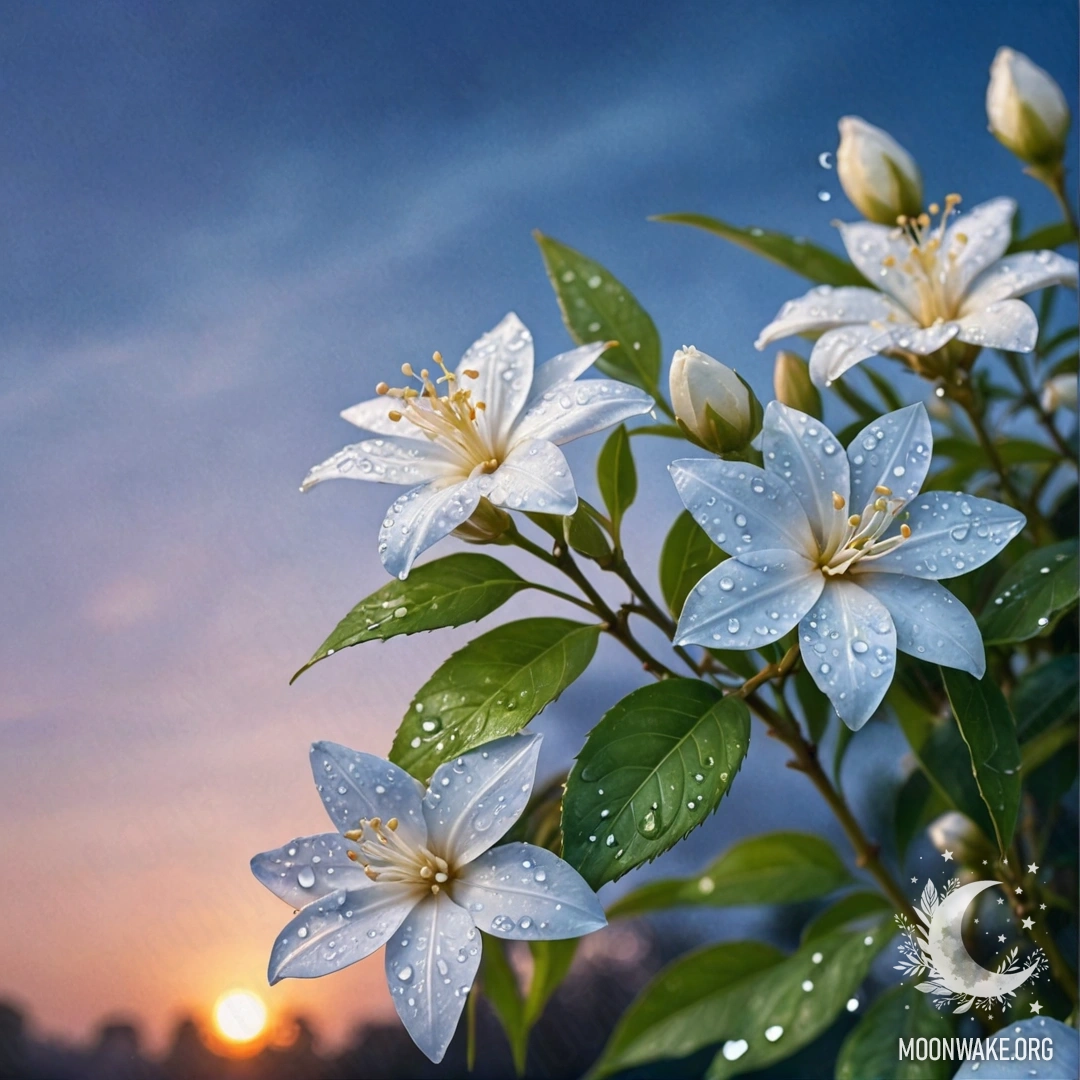 Elegant Jasmine with Dew at Sunset A painting of delicate jasmine flowers adorned with dew drops against a soothing blue sunset background.