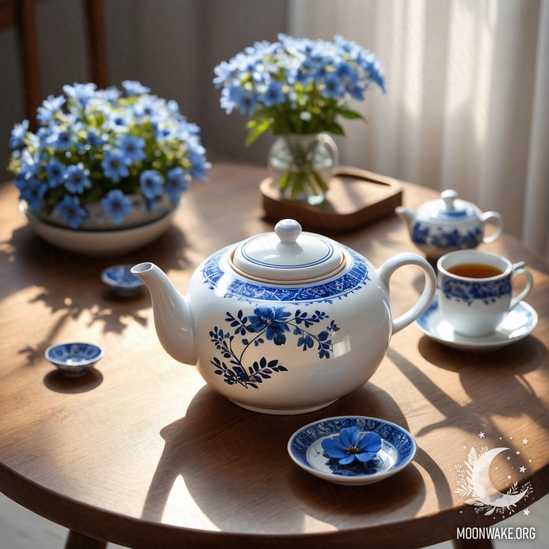 A round wooden table with a porcelain teapot containing blue flowers, illuminated by sunlight.