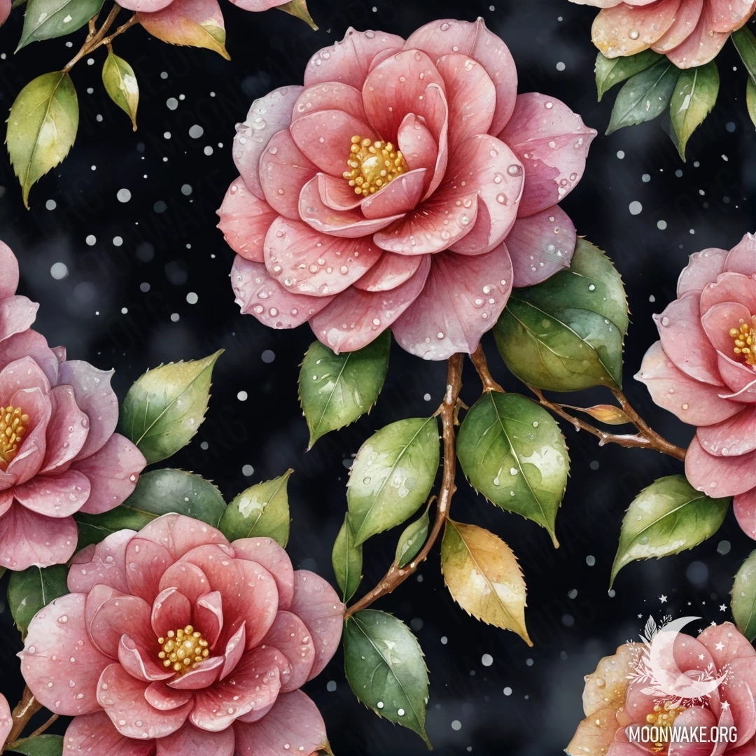 A sweet camellia flower adorned with dew drops, set against a dark night backdrop, glimmering with golden sequins.