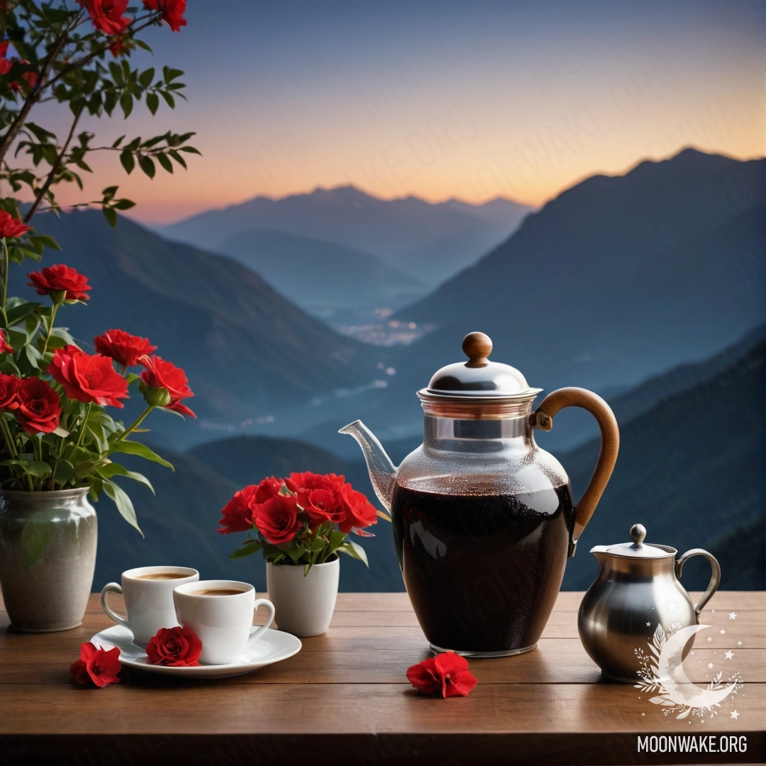 Elegant Night Table Setting with Flowers A wooden table with a jar of red flowers, a coffee pot, and cups, set against a mountain backdrop at night.