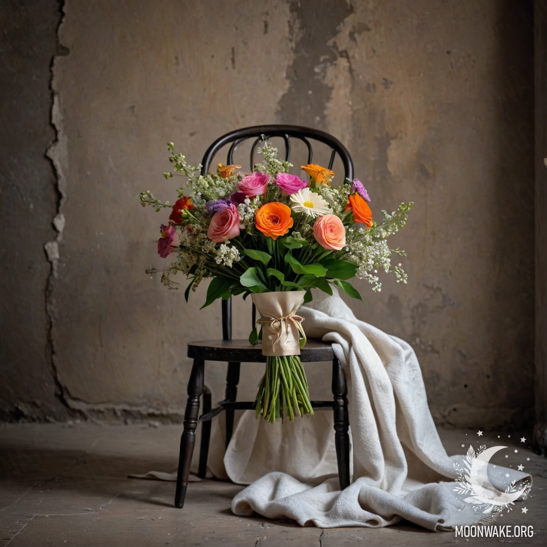 A realistic depiction of a chair against a shabby wall, adorned with a blanket and a bouquet of flowers.