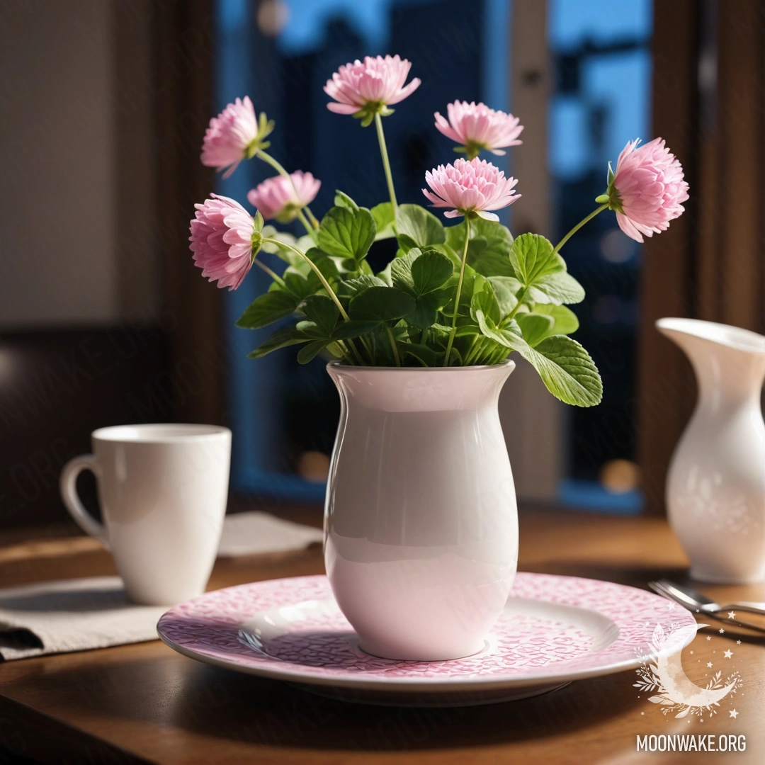 A round straw napkin with white porcelain cups and a clover in a vase at night.