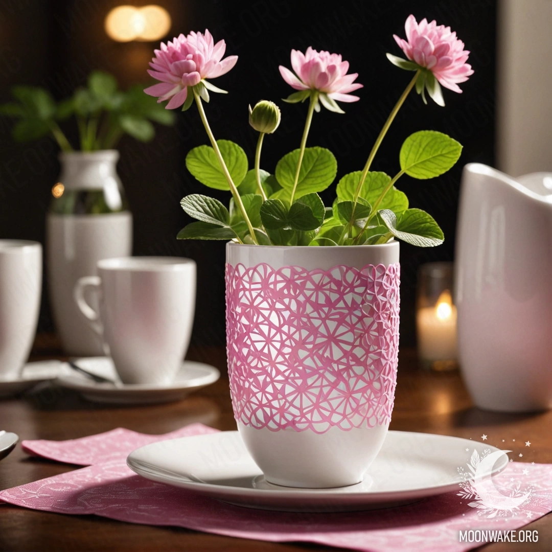 A round straw napkin with white porcelain cups featuring pink patterns, and a white vase with clover, set against a night backdrop.