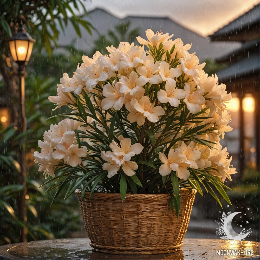 A beautiful oleander in a cream yellow basket, rain falling on it during sunset.