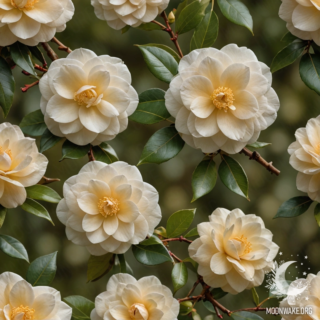 Patterns of camellias in olive color creating an impressionistic effect.