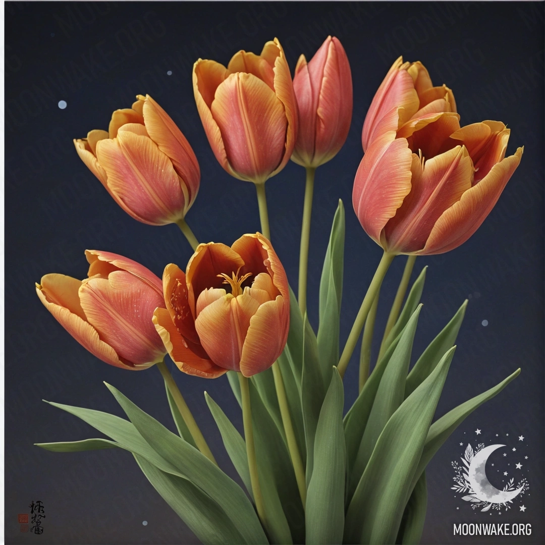 An olive-colored tulip arranged in a bouquet under the night sky.