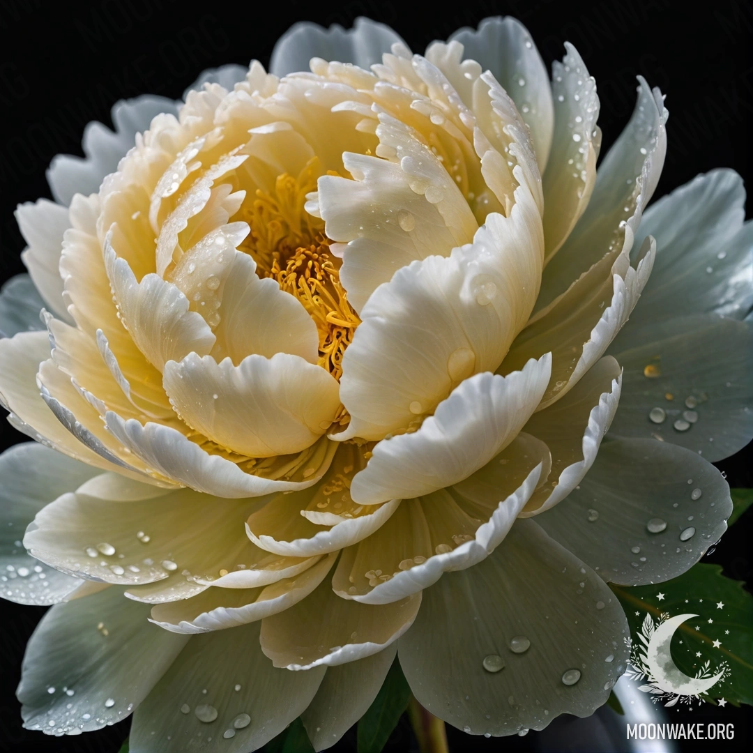 A delicate peony with dew drops in a lime-colored vase at night.