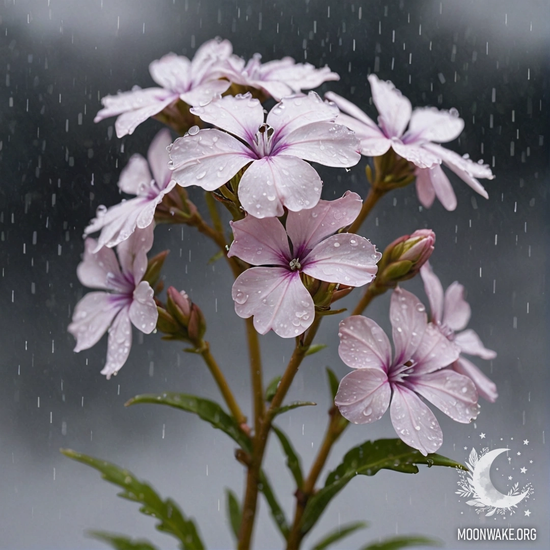 Elegant Phlox in Rainy Serenity A close-up of delicate cream yellow phlox flowers glistening in the rain, surrounded by mist.