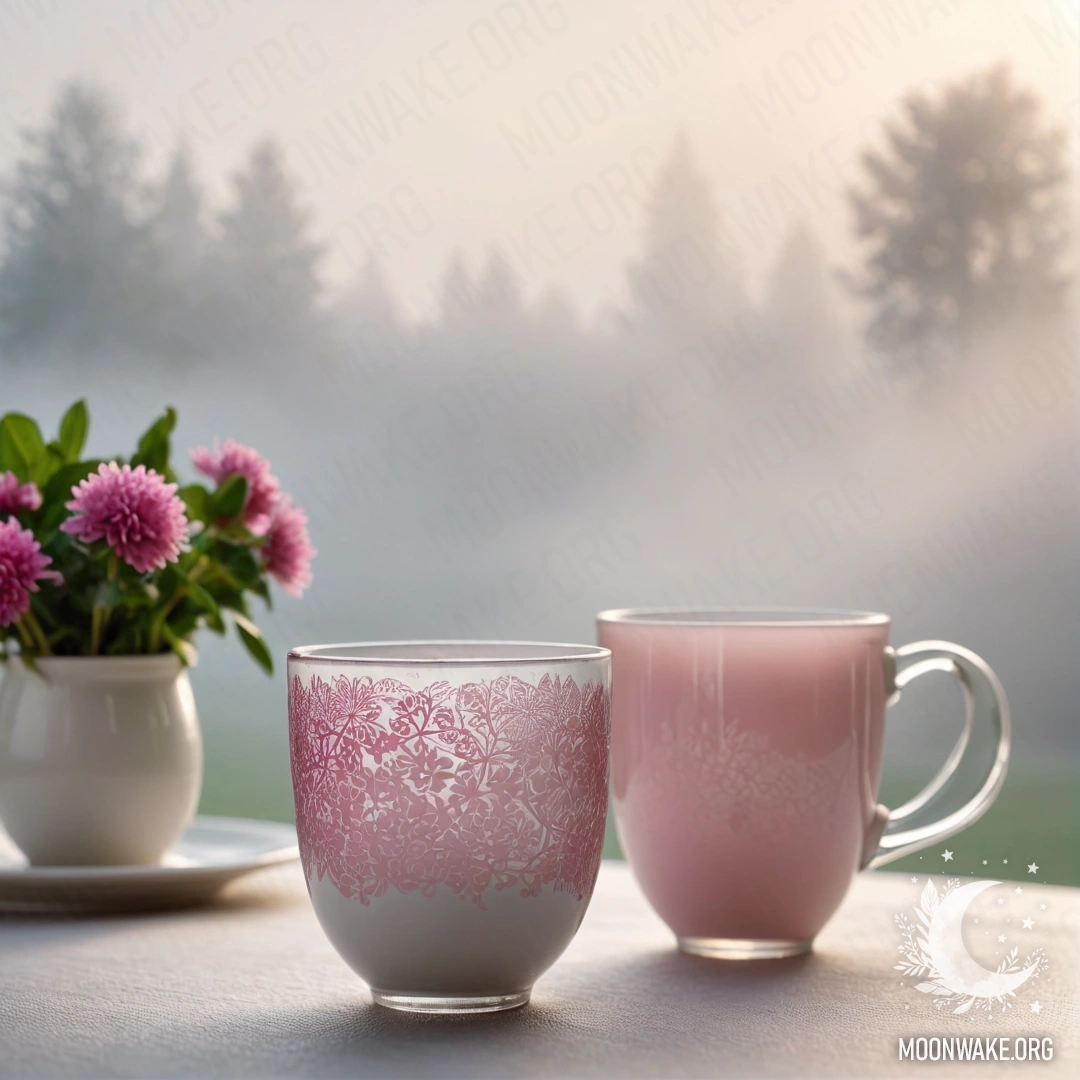 Elegant Porcelain and Clover in Mist A round straw napkin with white porcelain cups, pink patterns, and a white vase with clover surrounded by dense fog.