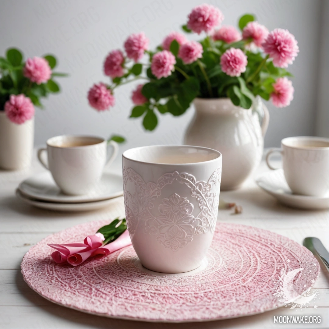 Elegant Porcelain Tea Set on Straw Napkin A round straw napkin with white porcelain cups having a pink pattern and a white vase with clover and garland light.