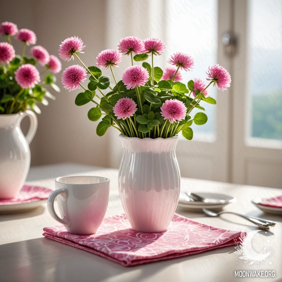 A round straw napkin with white porcelain cups and a clover in a vase under sun rays.