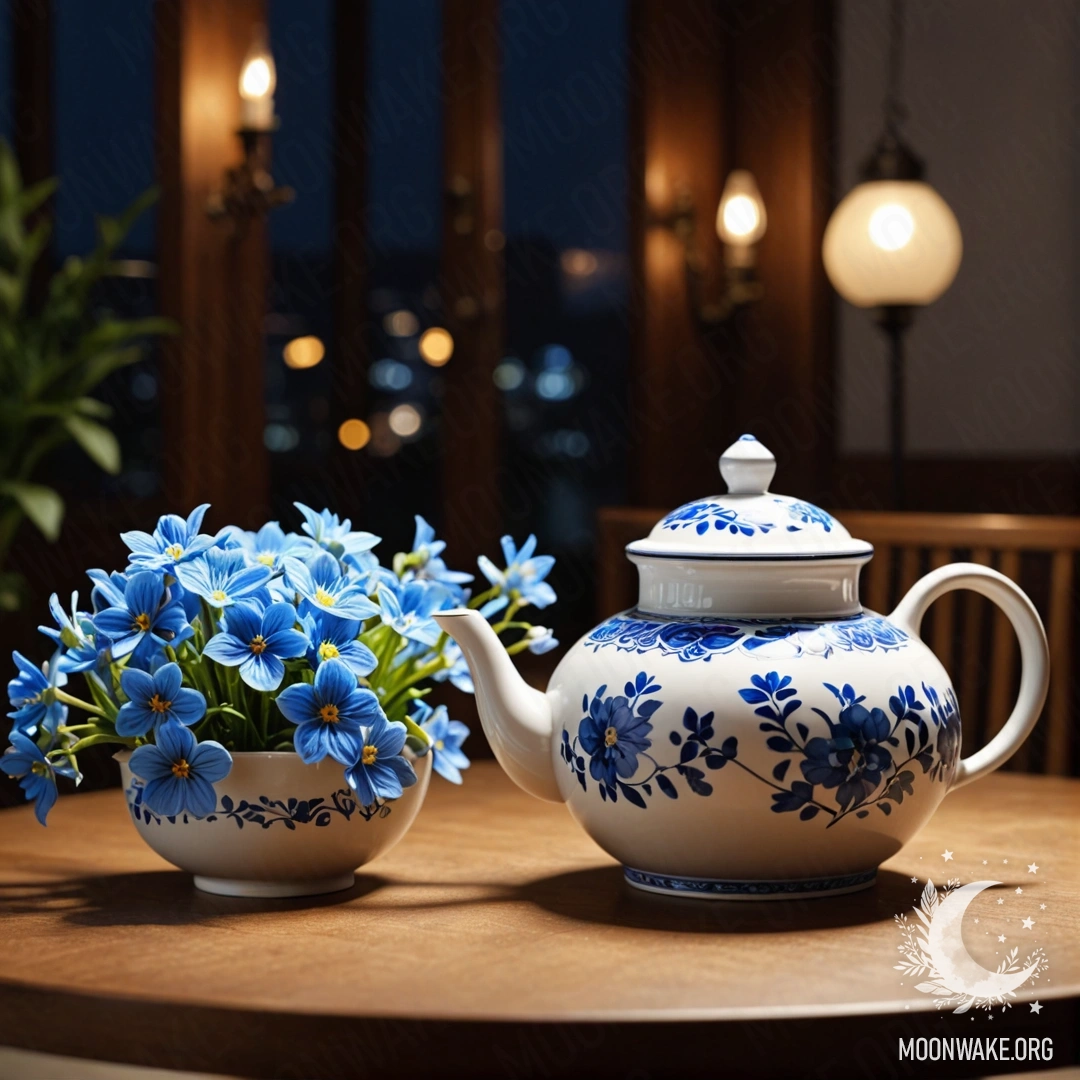 Elegant Porcelain Teapot with Blue Flowers A round wooden table featuring a porcelain teapot filled with blue flowers at night.