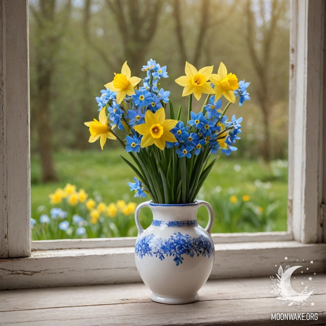 A shabby wooden window sill with a white porcelain vase holding daffodils and forget-me-nots.