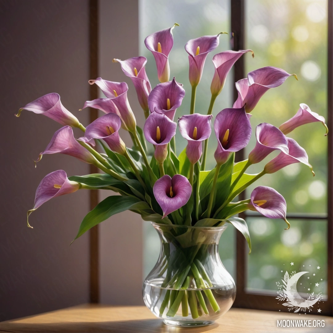A vase filled with purple calla lilies illuminated by sunlight.