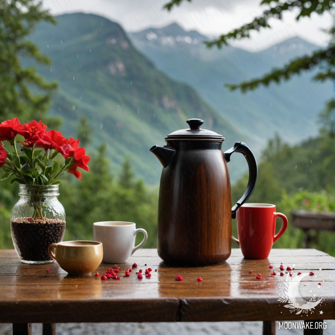 An abstract wooden table with red flowers, a coffee pot, and cups in the rain against a mountain backdrop.