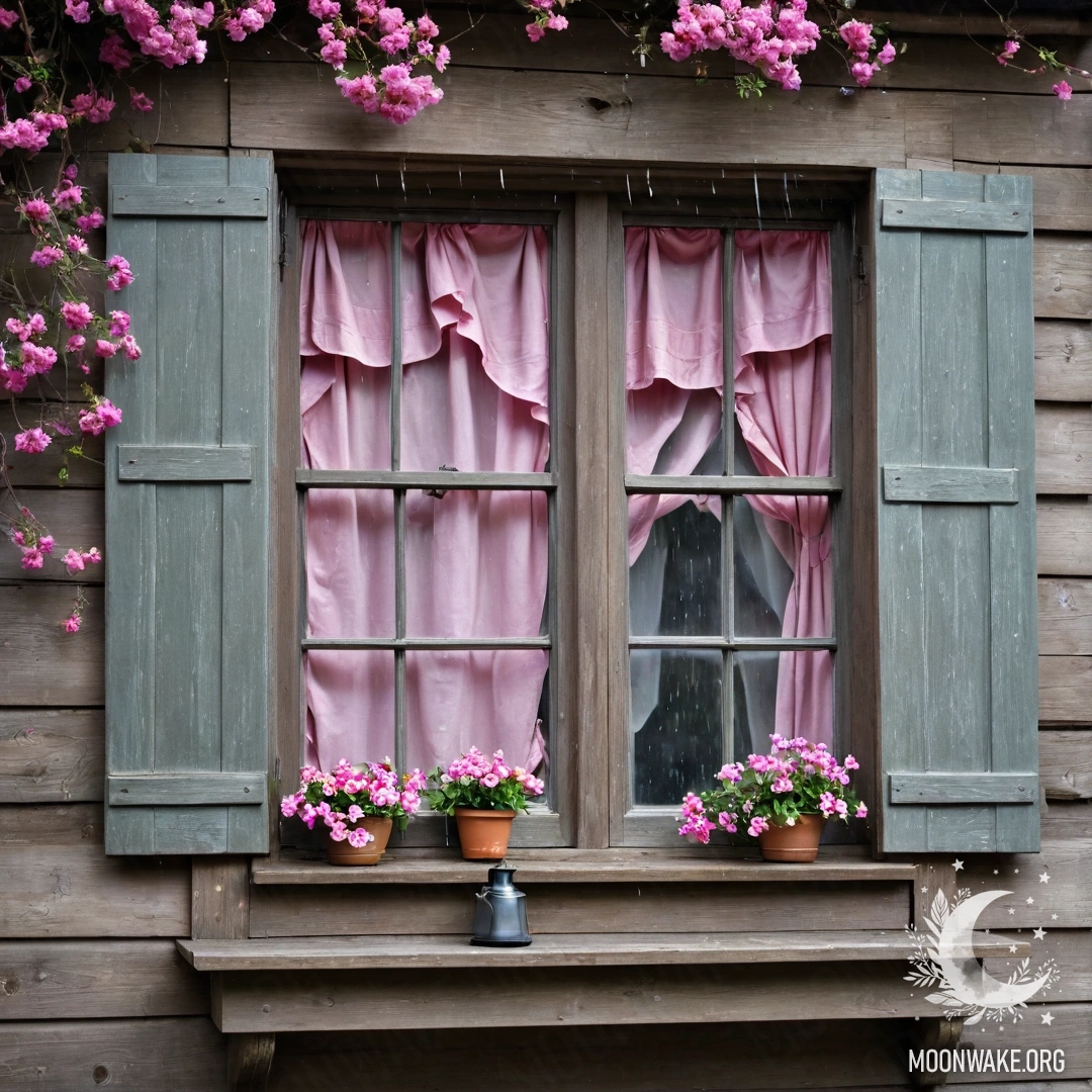 Elegant Rainy Window with Pink Blossoms A shabby wooden window with shutters, a kerosene lamp above it, and pink flowers curling around the window during the rain.