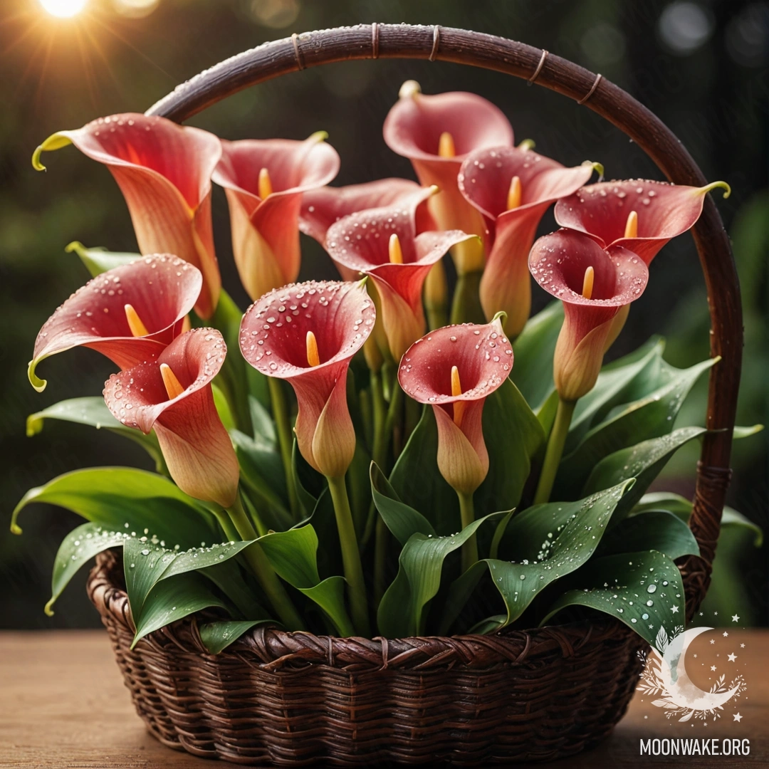 Elegant Red Calla Lilies at Sunset A basket filled with red calla lilies adorned with dew drops at sunset.