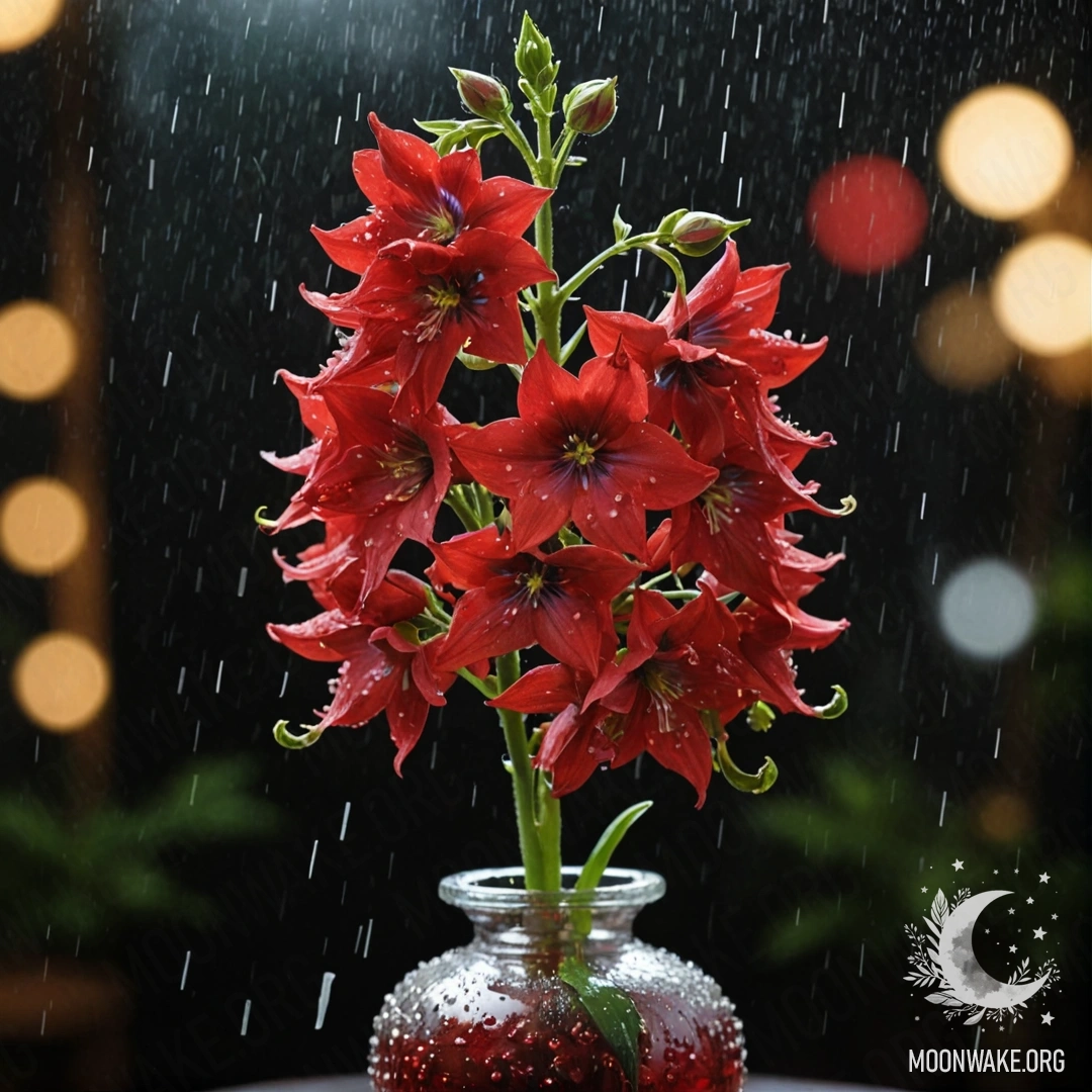 A red delphinium in a vase under the rain at night.
